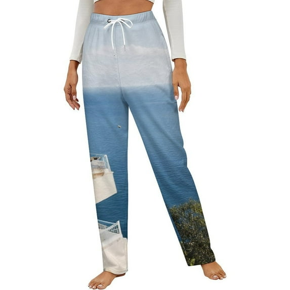 Seaside Villa View Winter Female Pants Flannel High Waist Women Pants Lady Warm Straight Leg Plush Trousers