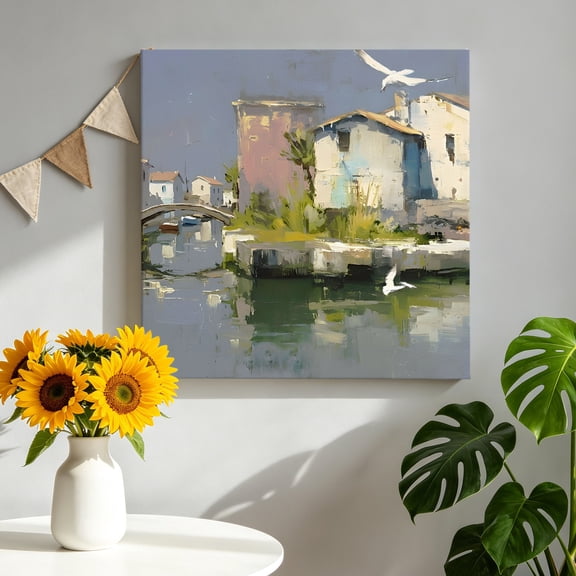 Seaside Village Canvas Wall Art, Rustic Vintage Mediterranean Buildings Landscape Framed Canvas Wall Decor Picture Print Artwork Decorations for Living Room Office Ready to Hang 8" x 8"
