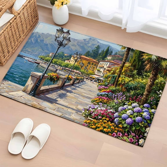 Seaside Walkway 2'x3' Rug for Entryway Front Door Kitchen Sink Area, Coastal Town Mediterranean Scenery Low Pile Washable Non Slip Rectangle Area Rug