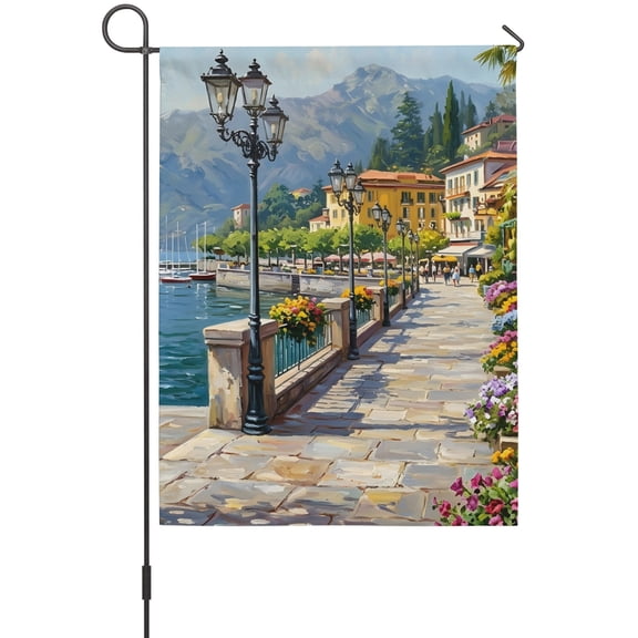 Seaside Walkway House Flags For Outdoor, Coastal Town Mediterranean Scenery Small Double Side Yard Flags Weather Proof House Decor for Lawn Outside Holiday 28 x 40 Inches