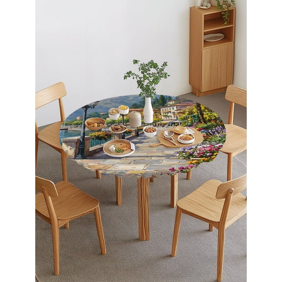 Seaside Walkway Round Fitted Tablecloth with Elastic Edge, Coastal Town Mediterranean Scenery Waterproof Stretch Table Covers for 36"-44" Tables Wipeable Table Cloth for Outdoor
