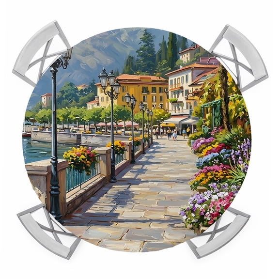 Seaside Walkway Round Table Cover, Coastal Town Mediterranean Scenery Waterproof Fitted Tablecloths for 36"-44" Tables, Washable Picnic Table Cover for Camping Dining Indoor Outdoor