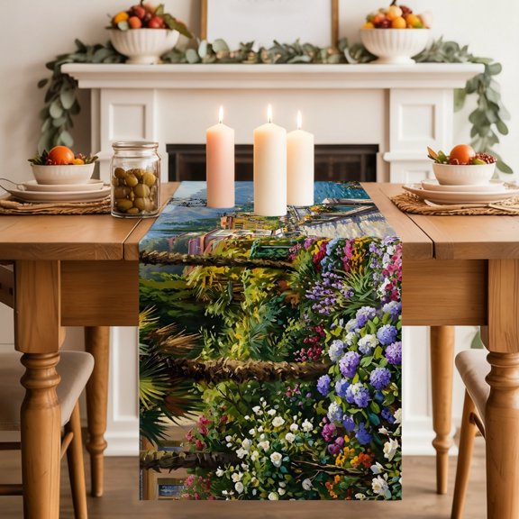 Seaside Walkway Table Runner, Coastal Town Mediterranean Scenery Washable Cotton-linen Table Runners Dining Kitchen Decoration for Everyday Home Wedding Party Decor, 13 x 36 Inch