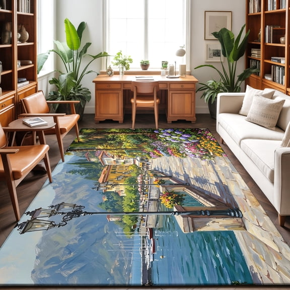 Seaside Walkway Washable Area Rug 9 x 12 ft Coastal Town Mediterranean Scenery, Soft Non Slip Rugs Stain Repellent Indoor Felt Carpet for Living Dining Room Bedroom Home Office