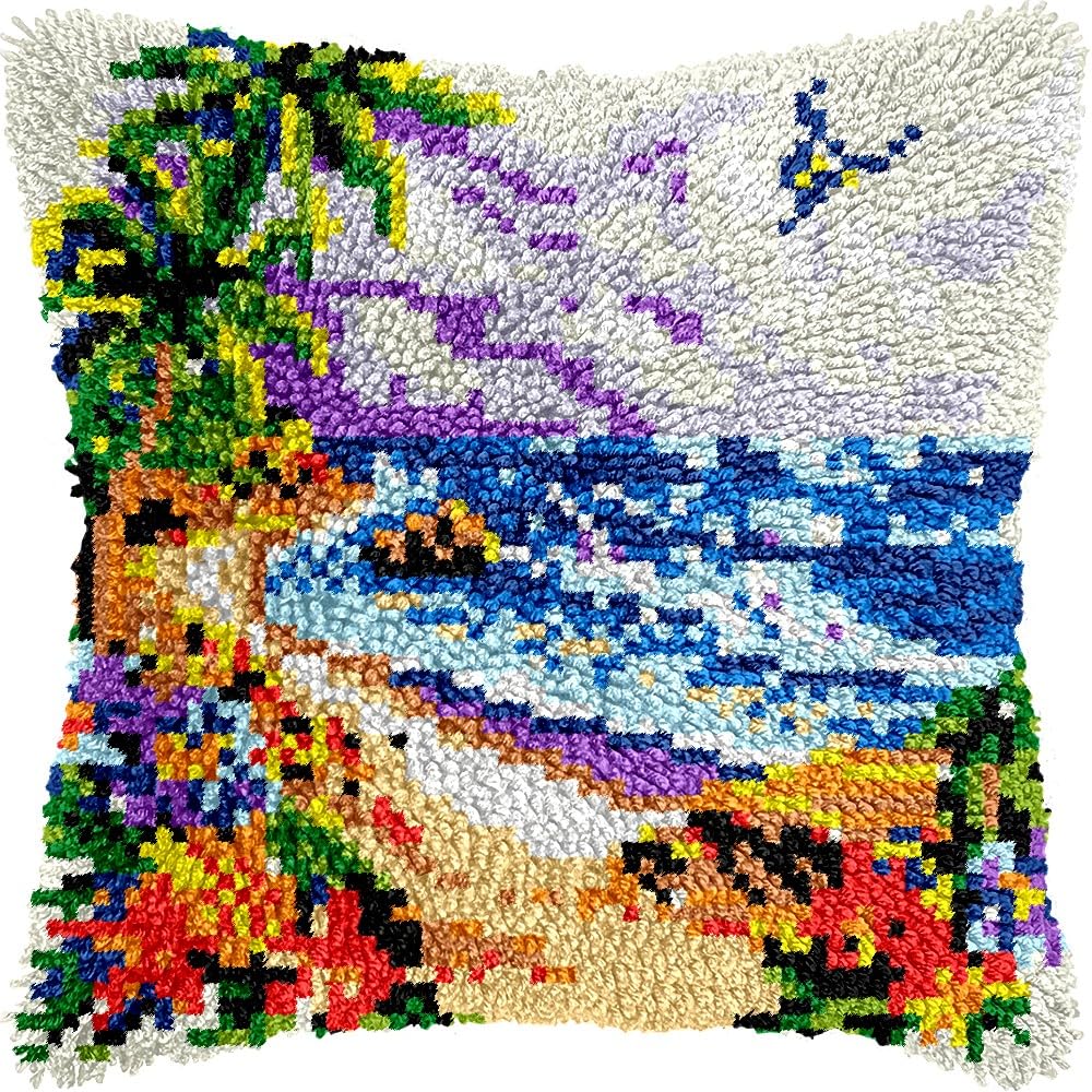 Seaside Water Latch Hook Pillow Kits for DIY Throw Pillow Cushion Embroidery Latch Hooking Pillowcase Kits with Preprinted Canvas Crochet Yarn Kits for Home Decor 17''X 17''(d153)