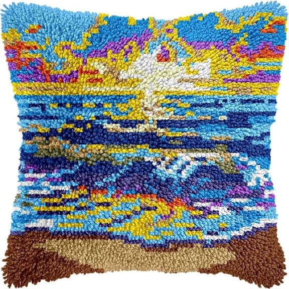 Seaside Water Waves Latch Hook Kits Pillow DIY Rug Crochet Hook Cushion Making Kits Printed Pattern Canvas Pillowcase Hooking Kits Pillow Cover Crochet Kits 43x43cm(fs76)