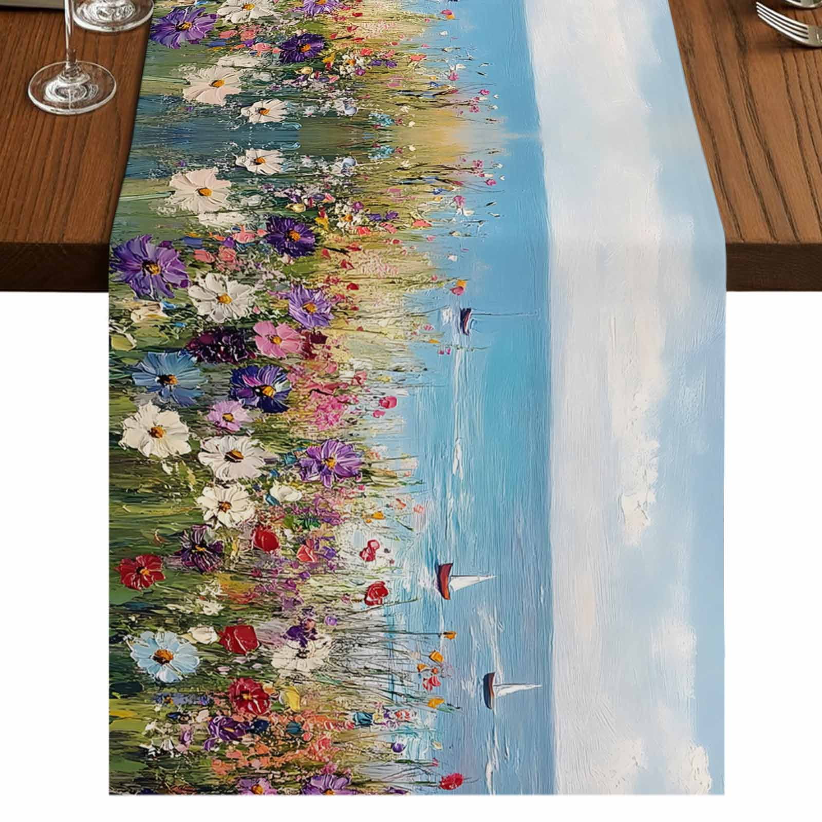 Seaside Wildflowers 36 Inch Table Runner, Spring Floral Painted ...