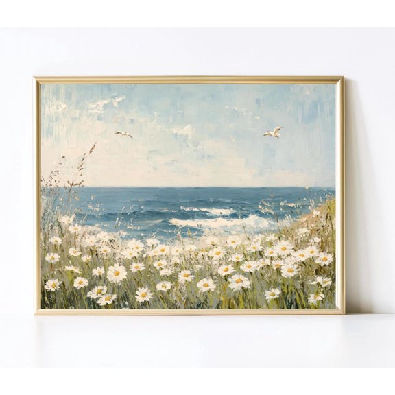 Seaside Wildflowers Print Poster Soft Muted Seaside Vintage Coastal Art Abstract Ocean Decor Poster E212, Unframed Poster Size 24x36 F03.1.18l1081