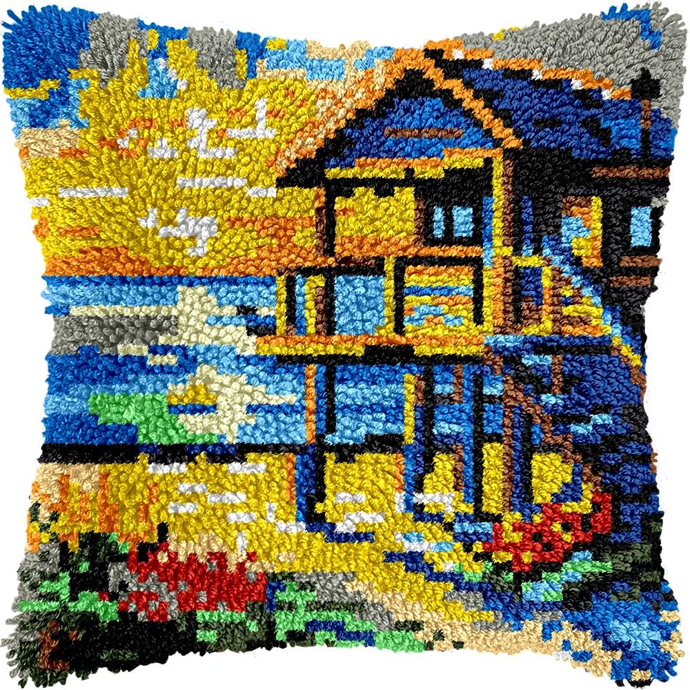 Seaside Wood House Latch Hook Pillow Kits Pillow Cover Latch Hook Crafts Crochet Knitted Hooking Pillowcase Cushion Crafts Embroidery Latch Hooking Kits Material Set 17x17 inch(2)