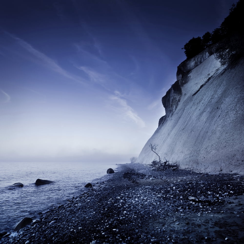 Seaside and chalk mountain in the evening Mons Klint cliffs Denmark Canvas Art - Evgeny KuklevStocktrek Images (29 x 29)