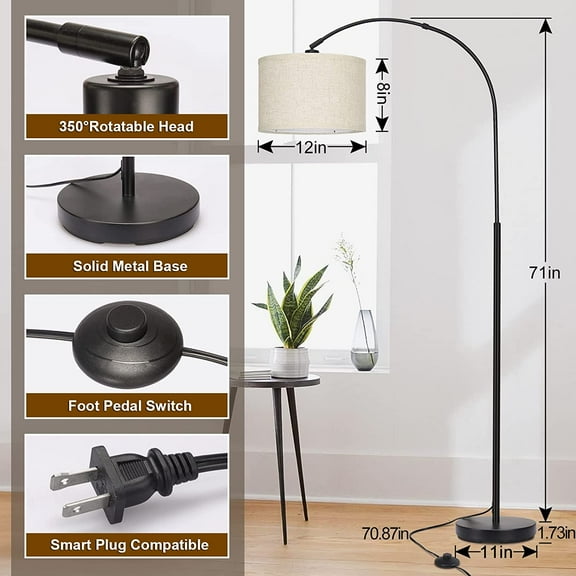 Seaside Village Arc Floor Lamps for Living Room, Modern Standing Lamp with Adjustable Hanging Drum Shade, Tall Pole Lamp with Foot Switch, Over Couch Arched Reading Light for Bedroom, Office (Black)