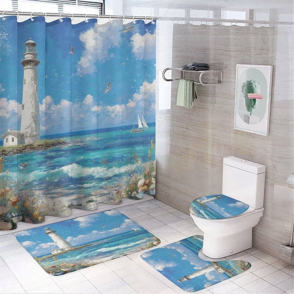 Seasides Sailboat Seagull 4Pcs Shower Curtain Sets with Rugs Non-Slip Rugs And Toilet Mat Lid Rug Accessories Nautical Theme Lighthouse Durable And Waterproof for Bathroom Decor