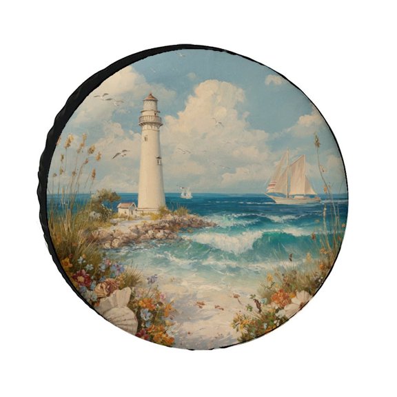 Seasides Sailboat Seagull Camper Spare Tire Cover Nautical Beach Polyester Universal Spare Wheel Tire Cover Wheel Covers Universal Fit for Trailer SUV Truck Camper Travel Trailer 12inch