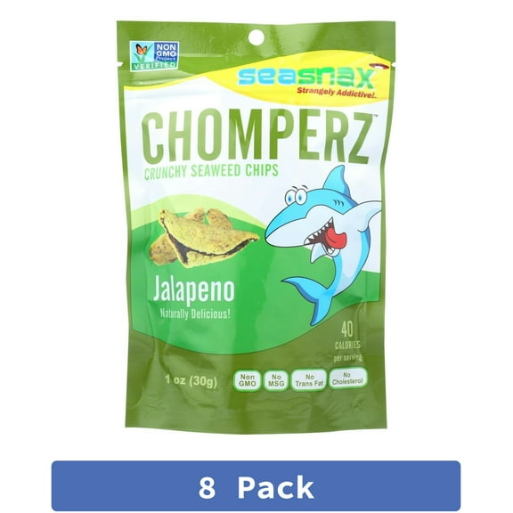 Seasnax Chomperz Crunchy Seaweed Chips - Jalapeno - Case of 8 - 1 oz.