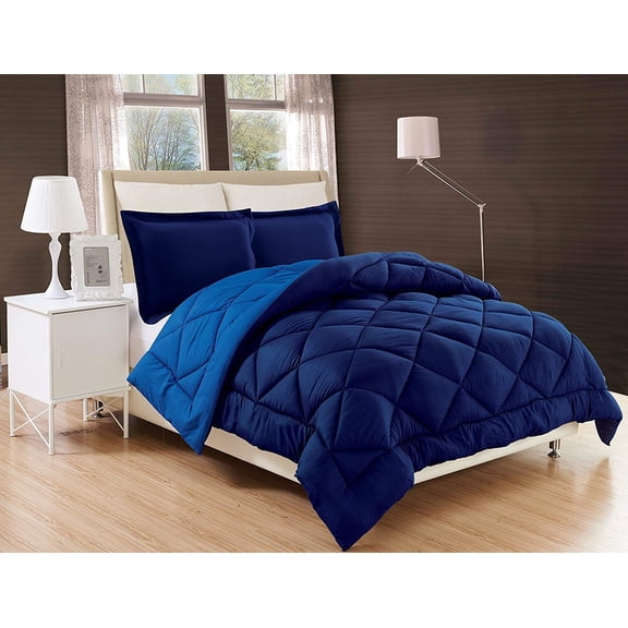 All Season Down Alternative Comforter Set Reversible Comforter with Sham-Quilted Duvet Insert with Corner Tabs for Duvet Cover-Hypoallergenic, Supersoft, Wrinkle Resistant Twin Navy/Aqua