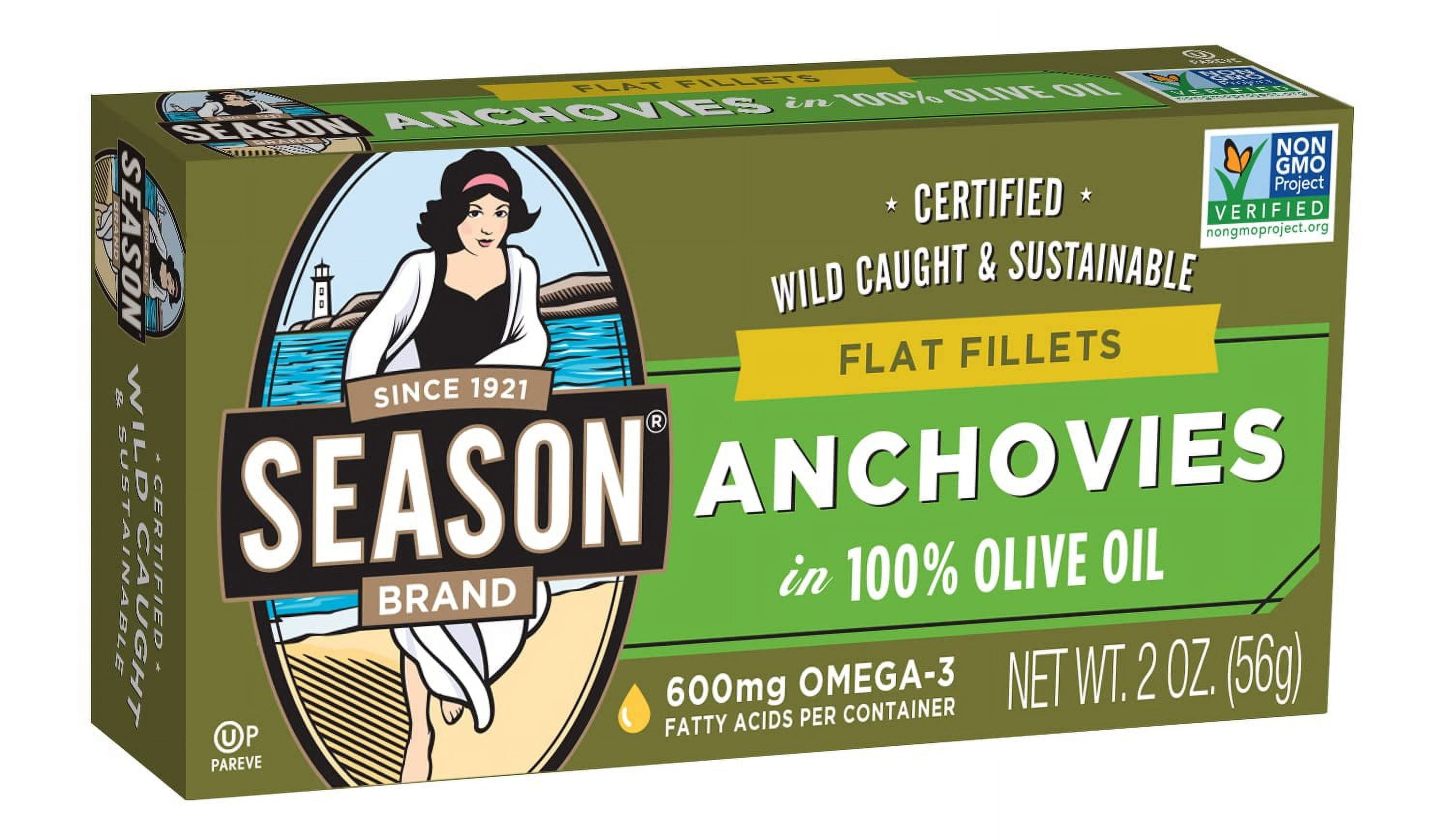 Season Anchovies in Olive Oil Flat Anchovy Fillets, Wild Caught Fish
