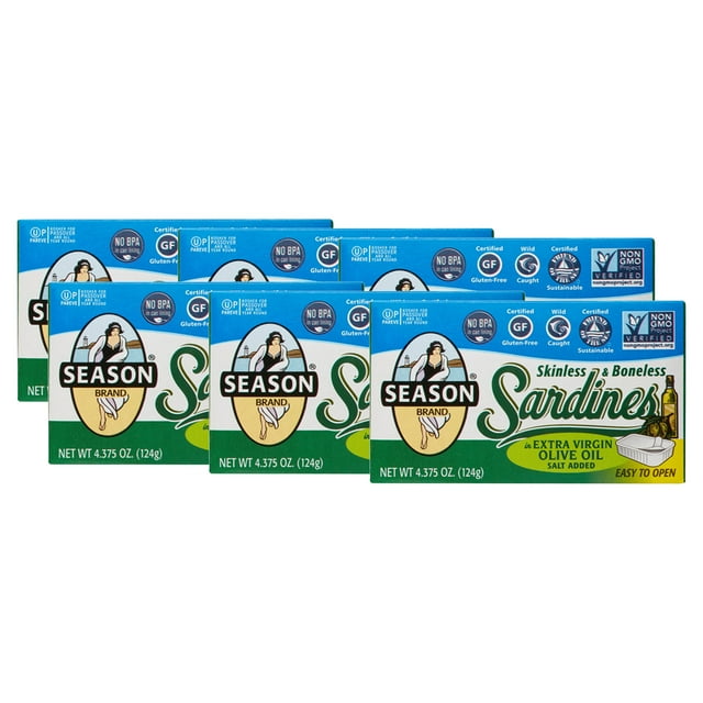 (6 pack) Season Brand Sardines, Skinless & Boneless, in Extra Virgin
