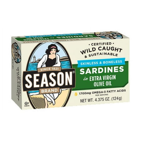 Season Brand Skinless & Boneless Sardines in Pure Olive Oil, 4.375 oz, (Pack of 12)