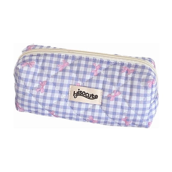 Season Checkered Pencil Case with Bow - Portable Organizer, Soft Quilted Fabric, Multi-Use Makeup Bag, Spacious Storage for Accessories