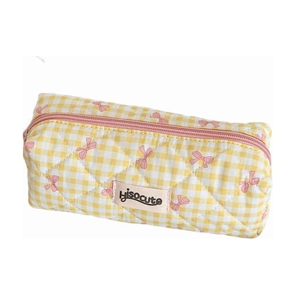 Season Checkered Pencil Case with Bow - Portable Organizer, Soft Quilted Fabric, Multi-Use Makeup Bag, Spacious Storage for Accessories