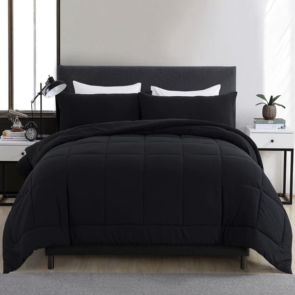 All Season Comfort Queen Comforter Set, 3 Piece Bedding Set with Box Stitch Technology, Prevents Fill Shifting for Consistent Warmth, Soft Microfiber, Black