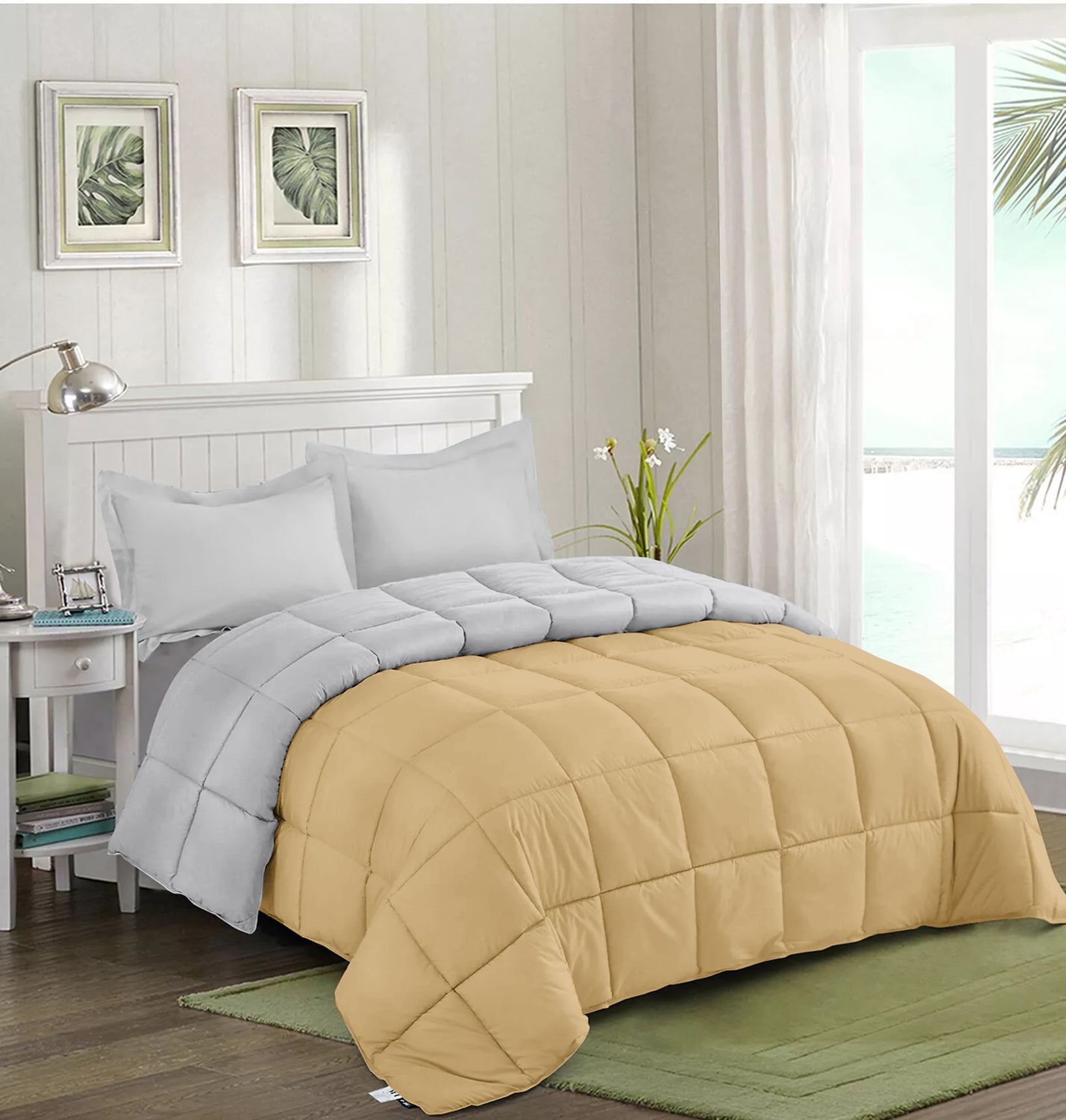 All Season Comforter Alaskan King 120X132, Duvet Insert, Quilted Comforter with Corner Tabs, Lightweight Quilt, Down Alternative Hotel Comforter Oversized Alaskan King 120X132 Beige/Silver Gray