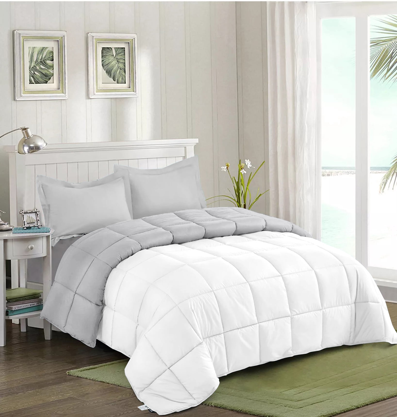 All Season Comforter Oversized King 120X120, Duvet Insert, Quilted Comforter with Corner Tabs, Lightweight Quilt, Down Alternative Hotel Comforter Oversized King 120X120 White/Silver Gray