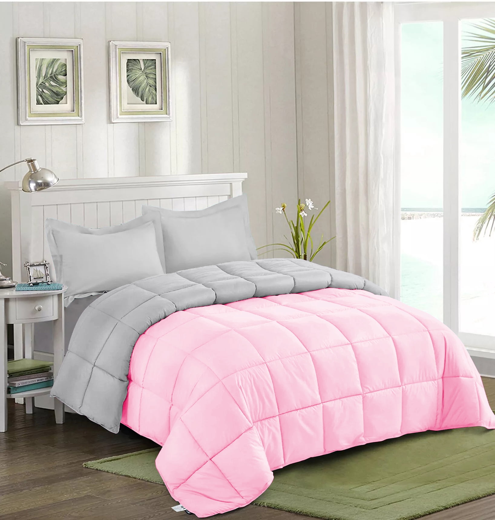 All Season Comforter Twin Size, Duvet Insert, Quilted Comforter with Corner Tabs, Duvet Lightweight Quilt, Down Alternative Hotel Comforter Twin Size 68X90 Baby Pink/Silver Gray