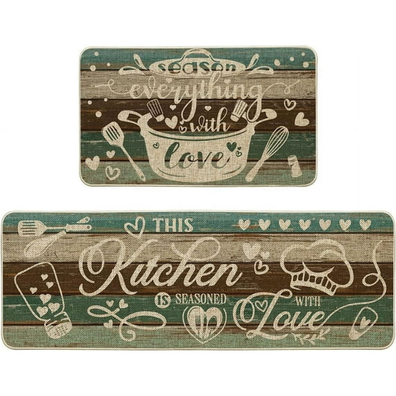 Season Everything with Love Green Retro Rustic Wood Texture Kitchen Mats Set of 2, Home Spring Summer Decor Kitchen Rugs for Floor - 17x29 and 17x47 Inch