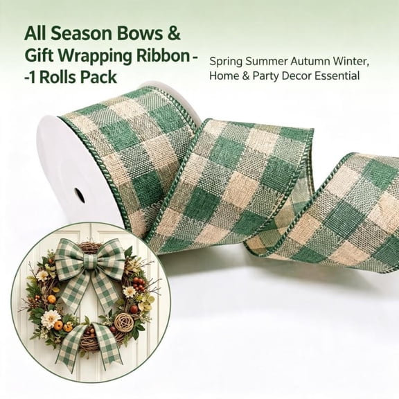 All Season Green Beige Buffalo Plaid Wired Edge Ribbon, 2.5 Inch x 10 Yard, 1 Roll, Checkered Ribbon for Wreath Bows, Gift Wrapping, Farmhouse & Home Decor