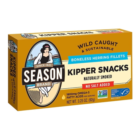 Season Kipper Snacks, Herring Fillet, No Salt Added - Low Sodium, Gourmet Seafood - 12 Pack, 3.25 oz