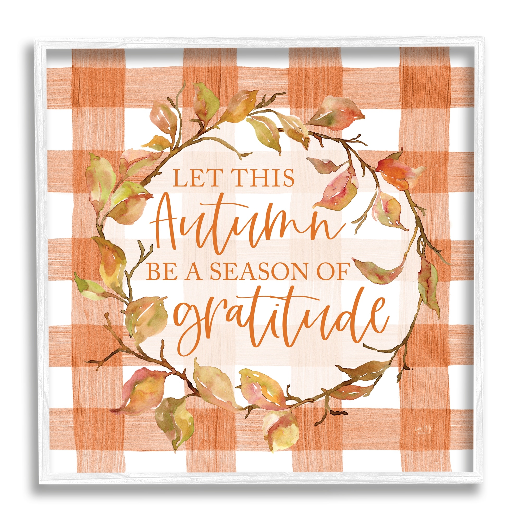 Season Of Gratitude Autumnal Country Plaid Leaf Border Botanical & Floral Graphic Art Framed Art Print Wall Art