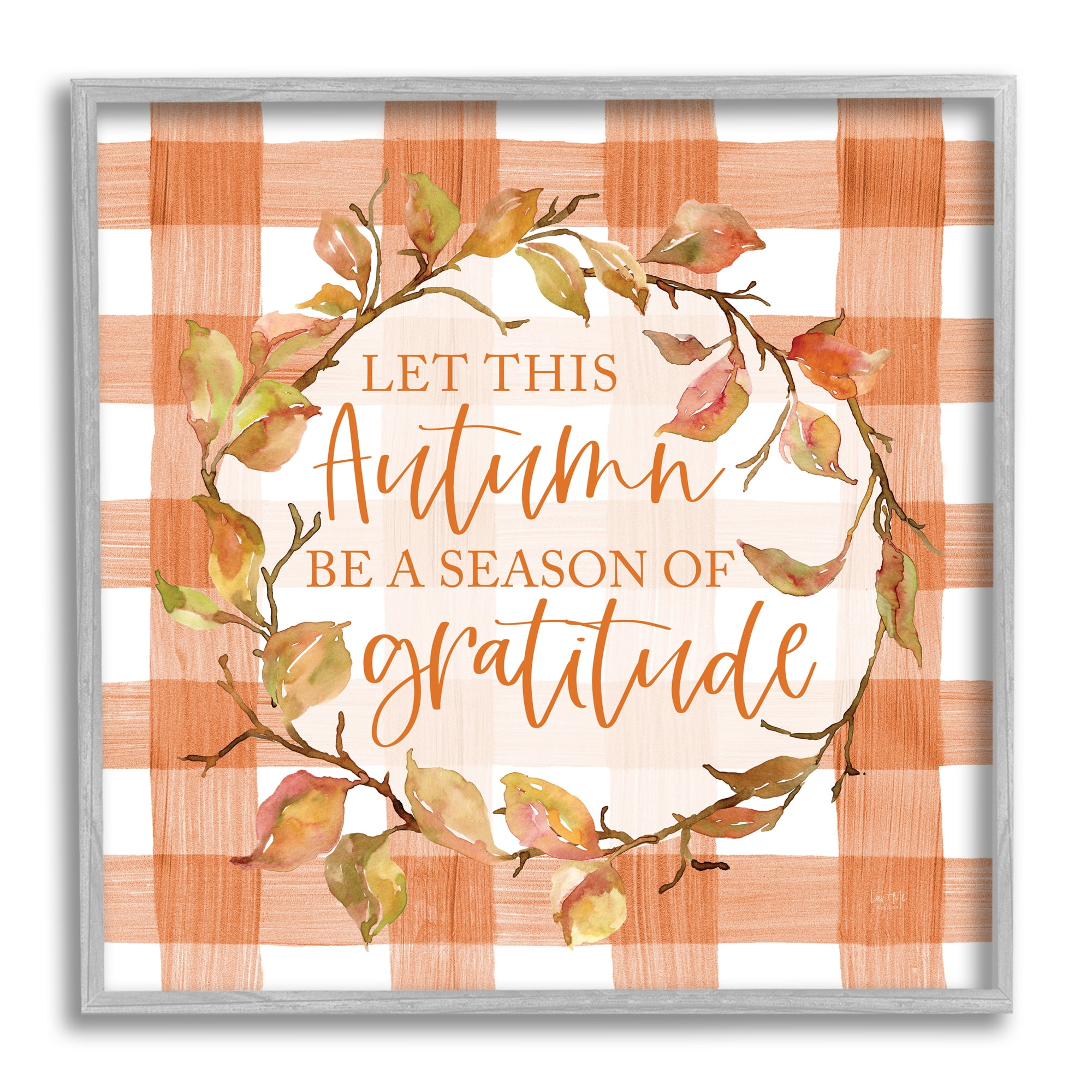 Season Of Gratitude Autumnal Country Plaid Leaf Border Botanical & Floral Graphic Art Framed Art Print Wall Art