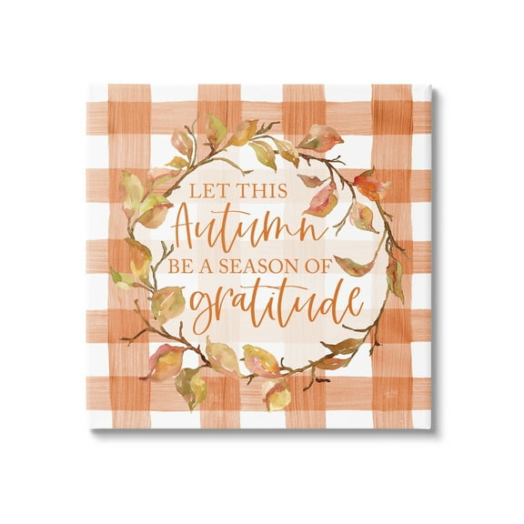 Season Of Gratitude Autumnal Country Plaid Leaf Border Botanical & Floral Graphic Art Gallery-Wrapped Canvas Print Wall Art