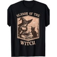 thumbnail image 1 of Season Of The Witch Vintage Graphic T‑Shirt, Retro Halloween Witch Black Cat Short Sleeve Tee, 1 of 6