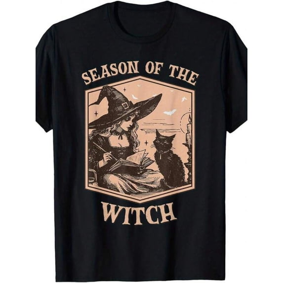Season Of The Witch Vintage Graphic T‑Shirt, Retro Halloween Witch Black Cat Short Sleeve Tee