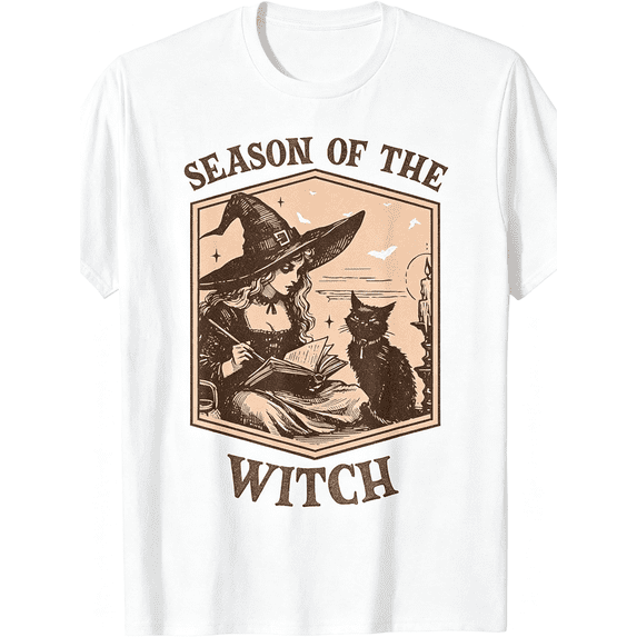 Season Of The Witch Vintage Graphic T‑Shirt, Retro Halloween Witch Black Cat Short Sleeve Tee
