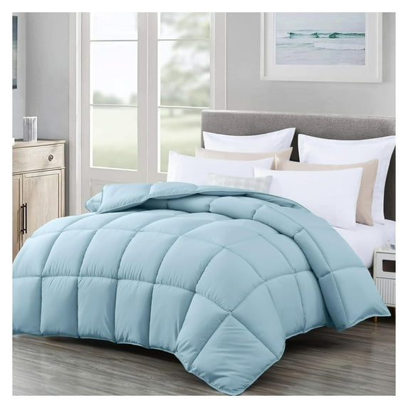 All Season Queen Size Down Alternative Comforter - Plush Microfiber Fill - Box Stitch Quilted - Duvet Insert with Corner Tabs (Full/Queen, Chambray Blue)