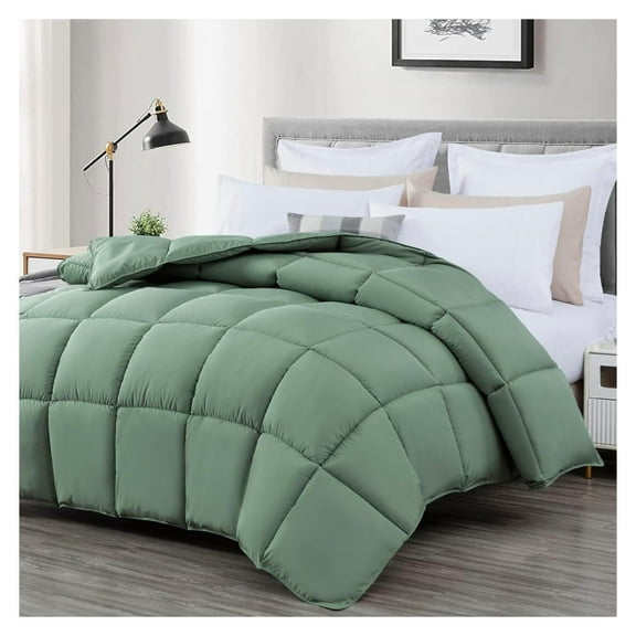 All Season Queen Size Down Alternative Comforter - Plush Microfiber Fill - Box Stitch Quilted - Duvet Insert with Corner Tabs (Full/Queen, Sage Green)