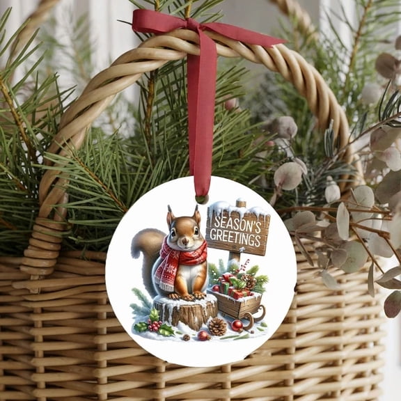 Season'S Greetings Squirrel Ceramic Ornament Christmas Decoration 2D FLAT CIRCLE Ceramic Ornament
