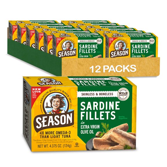 Season Sardines in Extra Virgin Olive KKS1Oil - Skinless & Wild Caught, 22g of Protein, Keto Snacks, More Omega 3's Than Tuna, Kosher, High in Calcium, Canned Sardines - 4.37 Oz Tins, 12-Pack