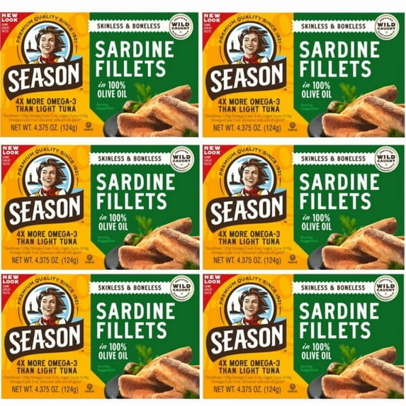 Season Sardines in Olive Oil | Skinless & Boneless, Gluten Free, Keto, Paleo, Kosher, Omega-3 Fatty Acids, Sugar Free, Salt Added | Wild Caught & Sustainable Fresh Fish | 4.375 oz (Pack of 6)