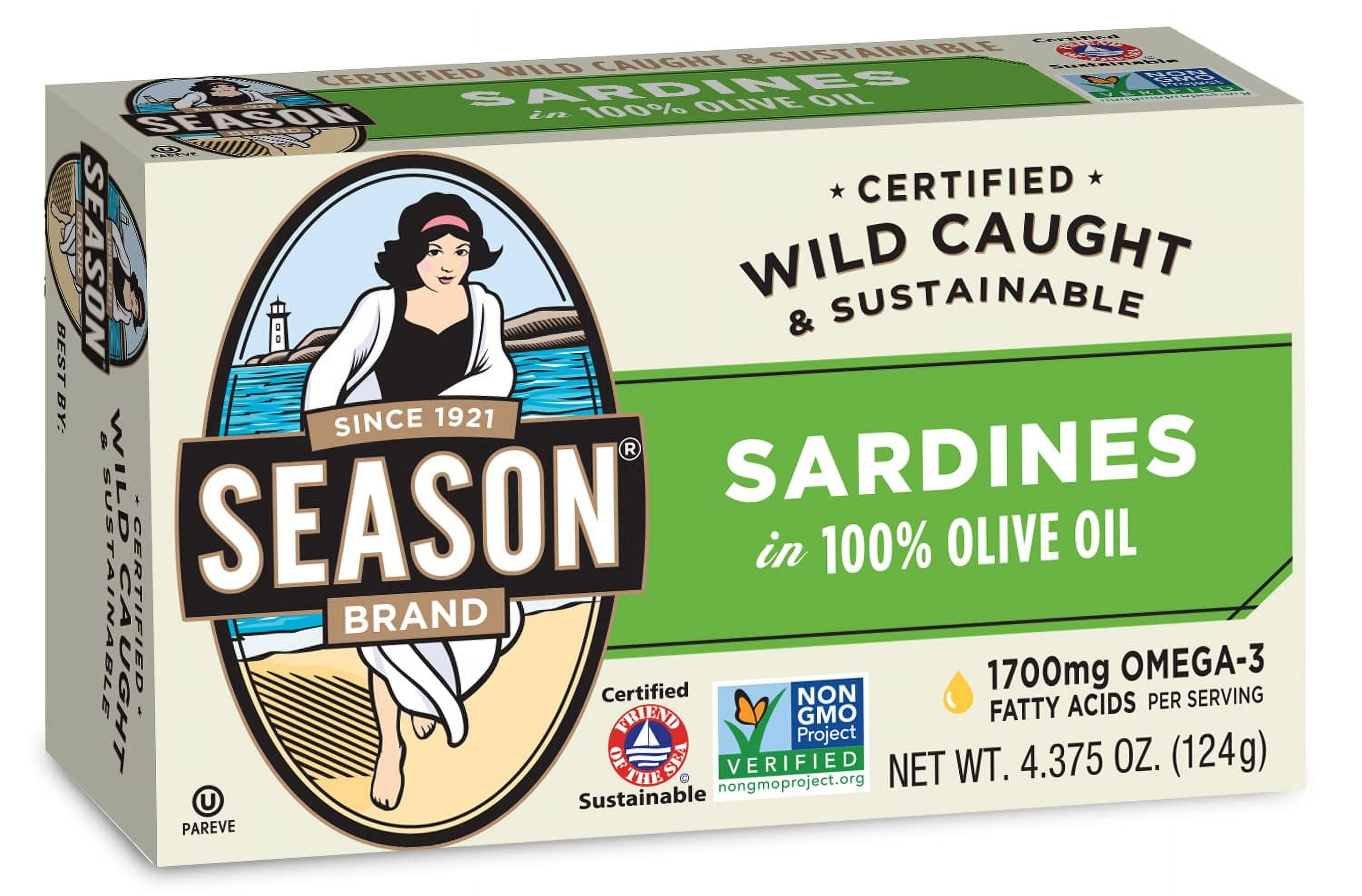 Season Sardines in Olive Oil Wild Caught, 22g of Protein, Keto Snacks