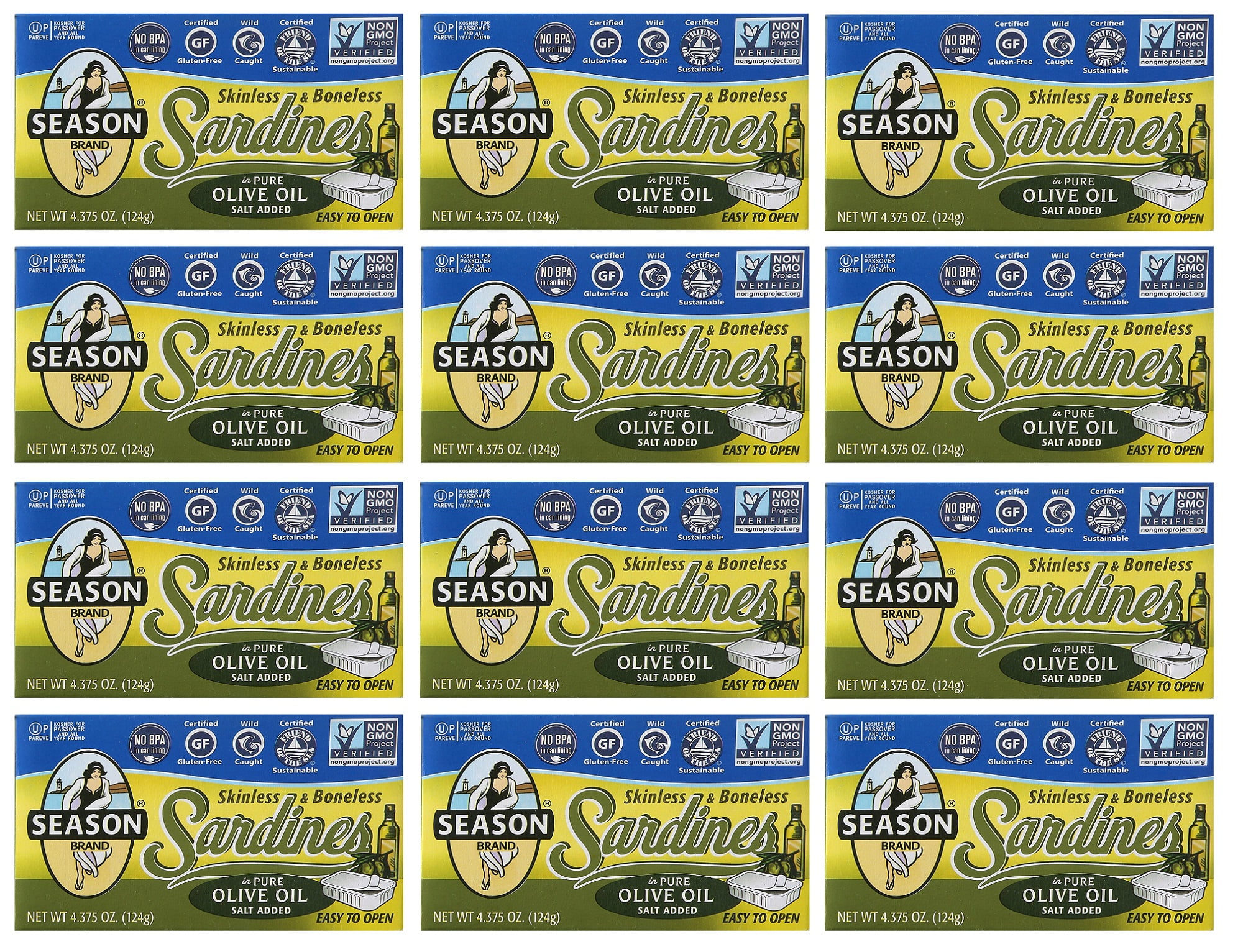Season Sardines Skinless & Boneless in Pure Olive Oil 4.375 oz (Pack of 12)