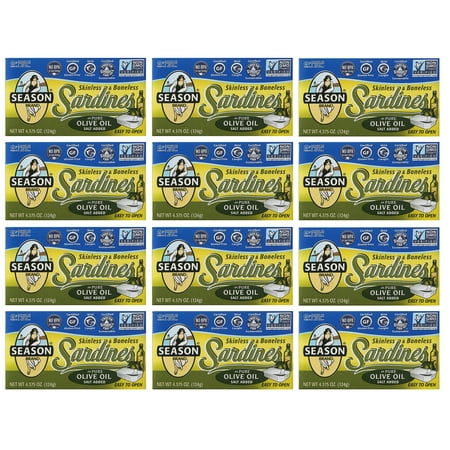 Season Sardines Skinless & Boneless in Pure Olive Oil 4.375 oz (Pack of 12)