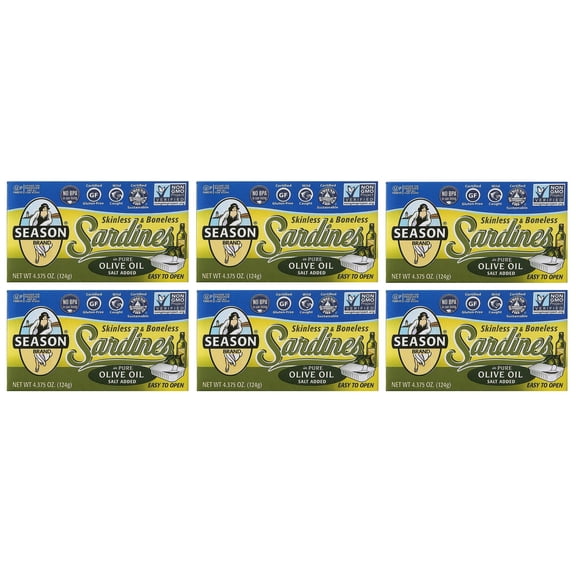 Season Skinless Boneless Sardines in Olive Oil, 4.375 oz, 6-count