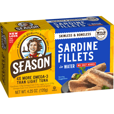 Season Sardines in Water, No Salt Added, 4.25 oz Can