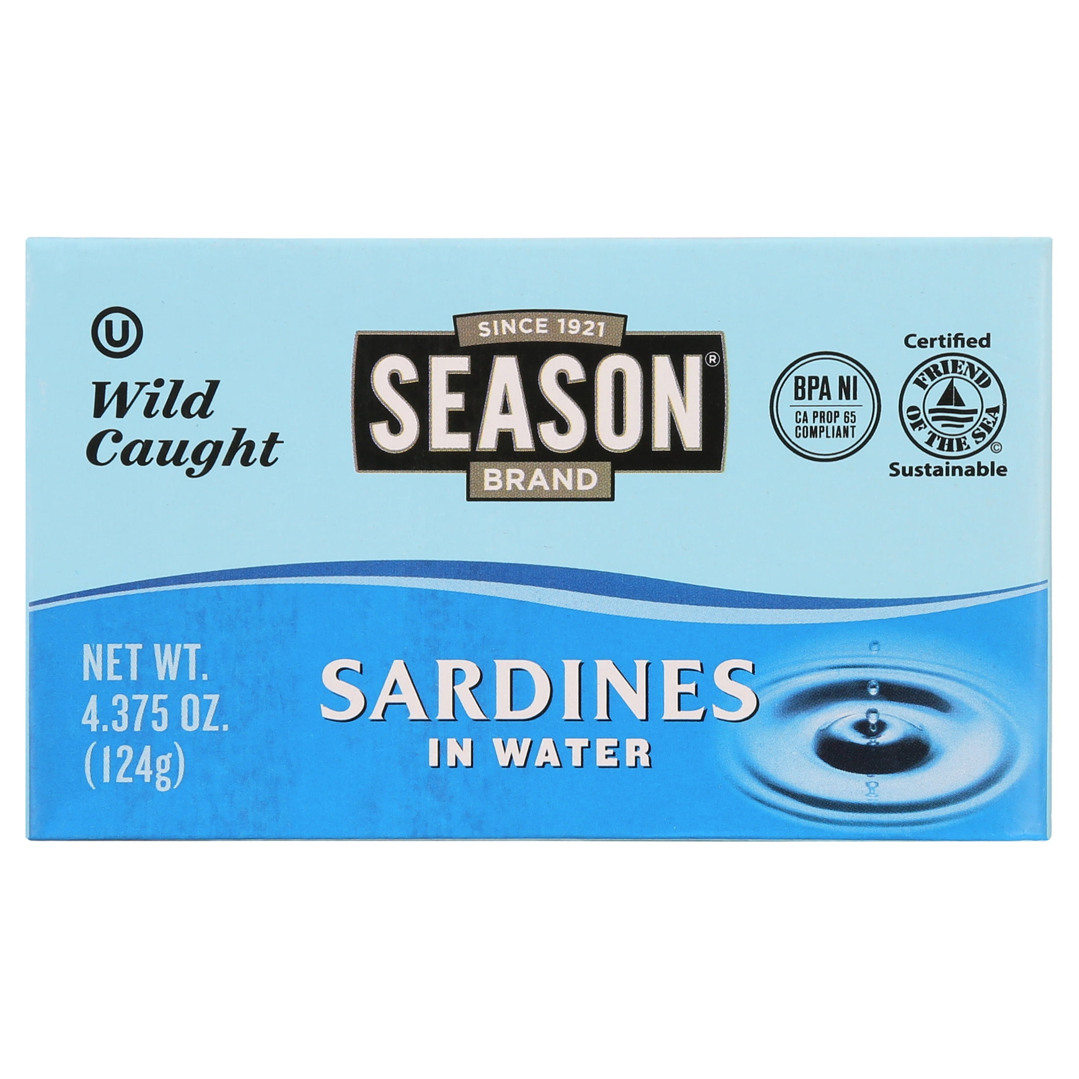 Season Sardines in Water, Salt Added, Wild Caught, 4.375 Ounces