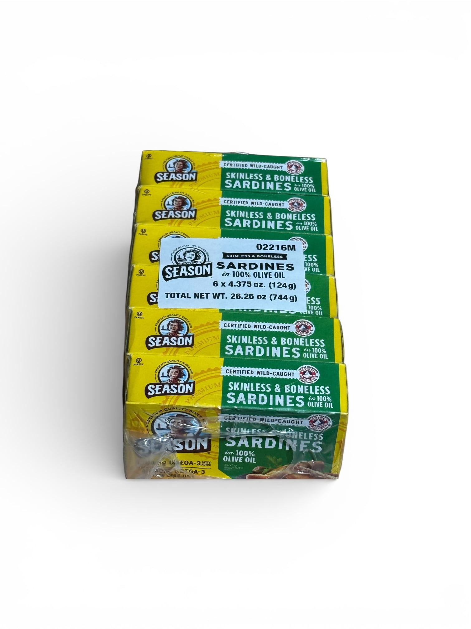 Season Skinless & Boneless Sardines in 100% Olive Oil, Wild-Caught, 6-Pack, 4.375 oz Cans, 26.25 oz Total