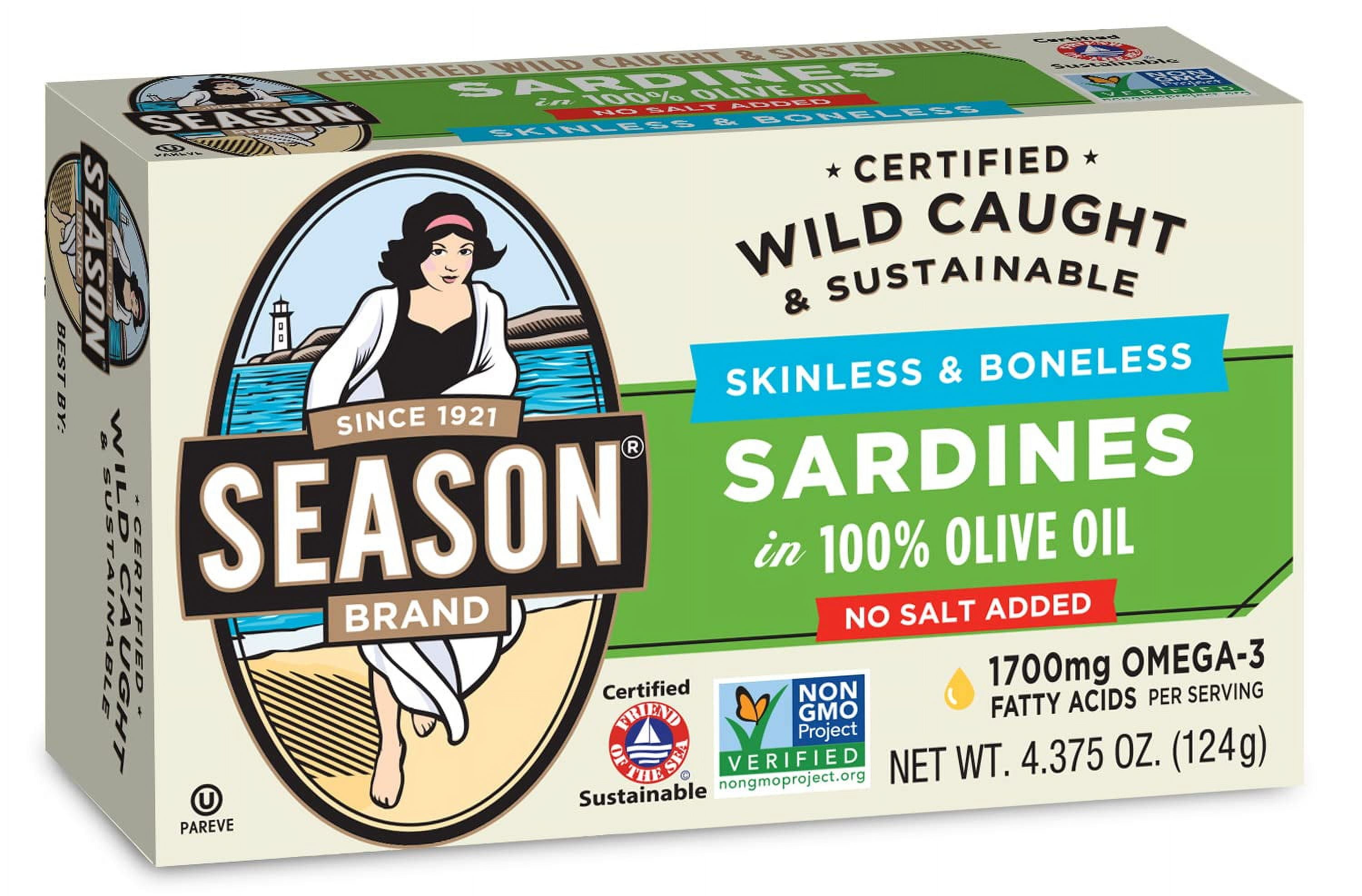 Season Skinless & Boneless Sardines in Olive Oil, No Salt Added, 4.375-Ounce Tins (Pack of 6)